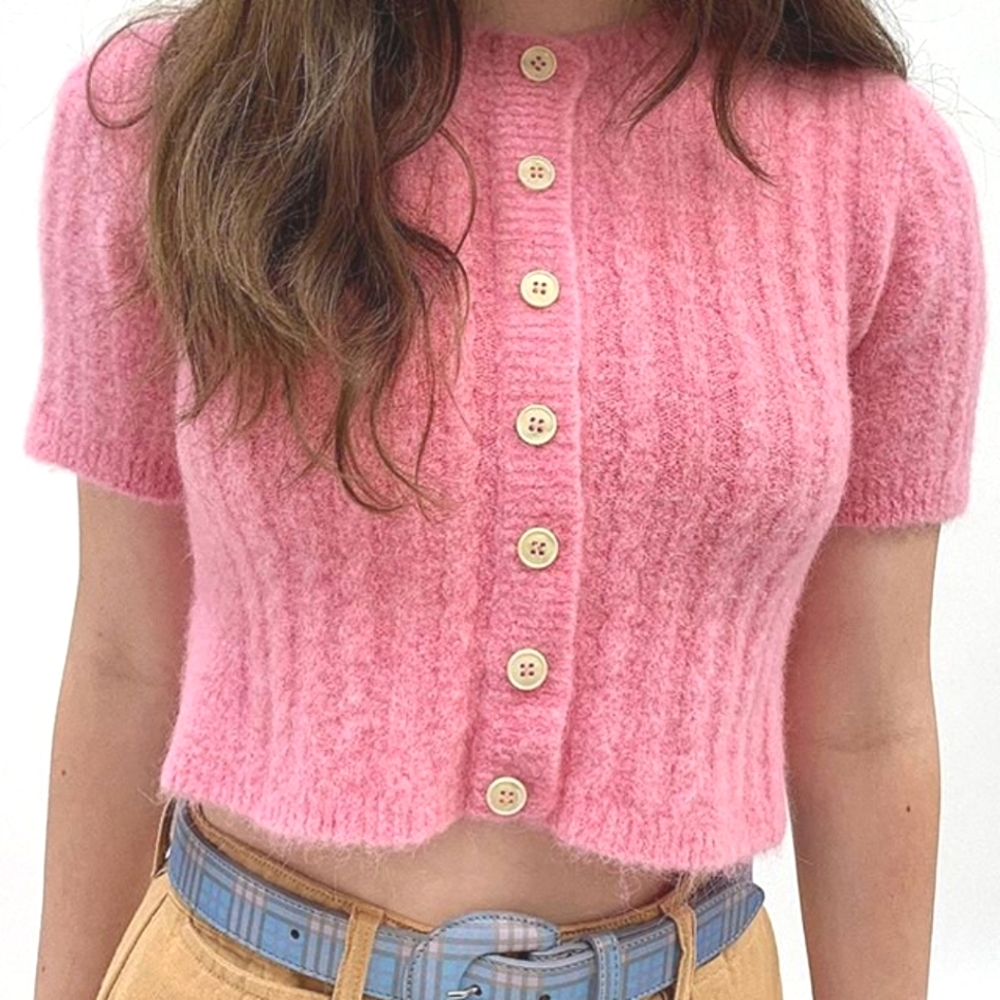 TACH Pink Dalia Button-Up Crop Sweater - Picture 2 of 13